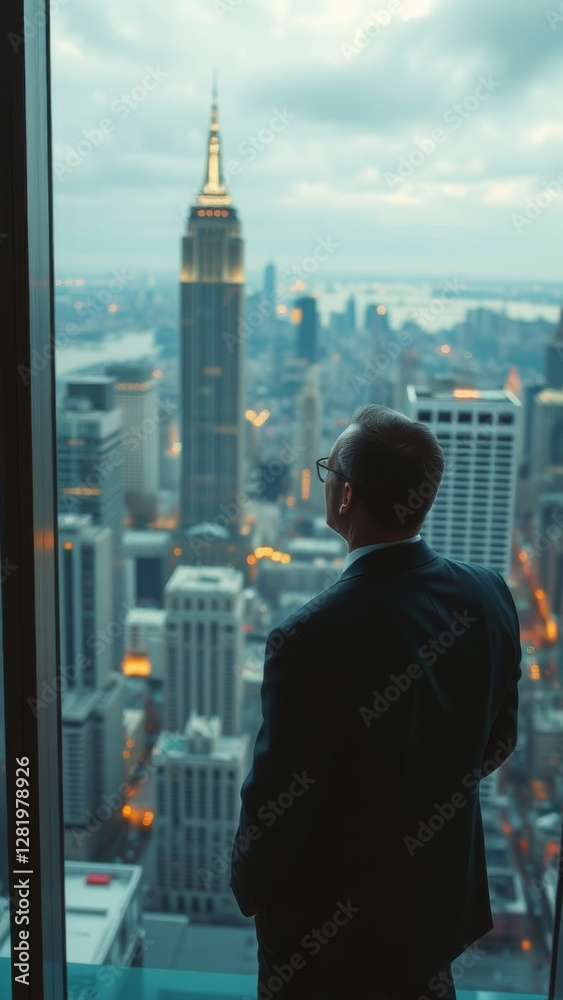 Businessman Contemplating Cityscape from Highrise Window Businessman Contemplating Cityscape from Highrise Window