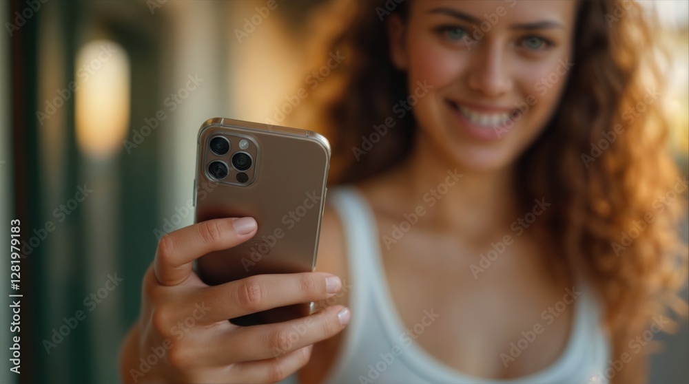 Woman holding mobile phone and smiling. She is taking photo. Woman holding mobile phone and smiling. She is taking photo.