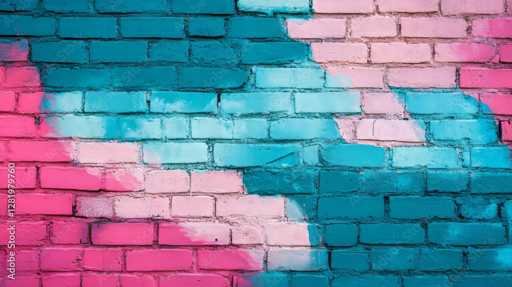 Fototapeta premium Vibrant teal and pink painted brick wall texture for creative design