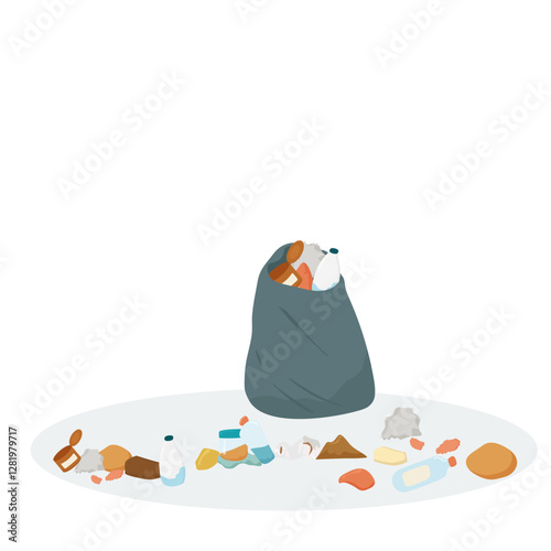 Illustration of overflowing garbage bag with scattered waste, including plastic bottles, food scraps, and paper, highlighting pollution and environmental concerns. Vector art.