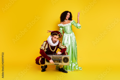 Two people dressed in historical costumes posing against a vibrant yellow background, combining classic elegance with a touch of modern charm. photo