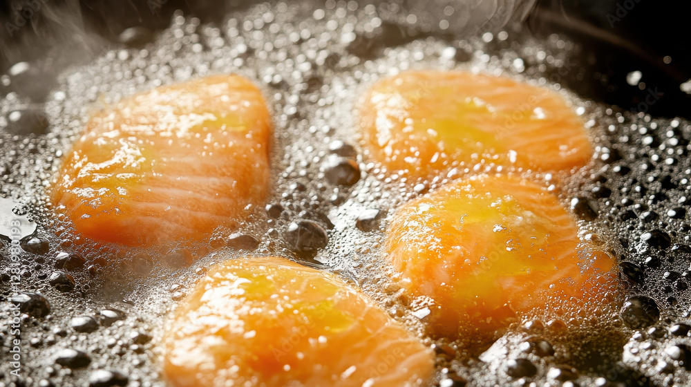 Juicy Salmon Fillets Cooking in Hot Oil on a Pan with Bubbles Juicy Salmon Fillets Cooking in Hot Oil on a Pan with Bubbles