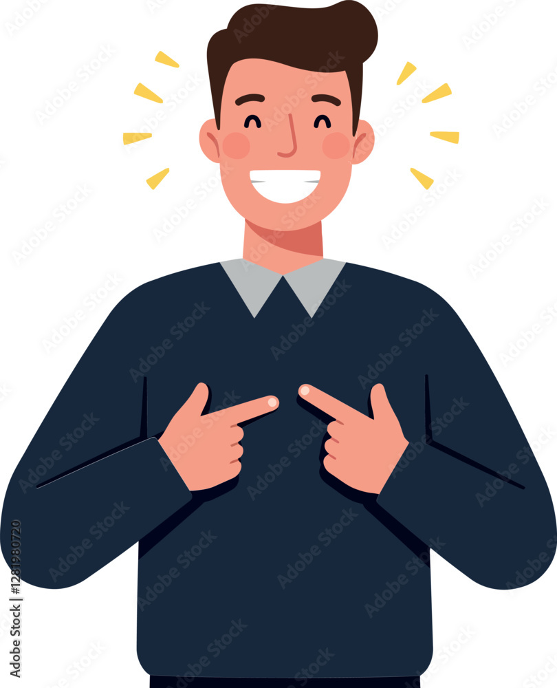 Smiling young man in a navy sweater pointing at himself in a cheerful and engaging flat vector illustration Smiling young man in a navy sweater pointing at himself in a cheerful and engaging flat vector illustration