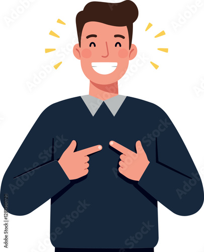 Smiling young man in a navy sweater pointing at himself in a cheerful and engaging flat vector illustration