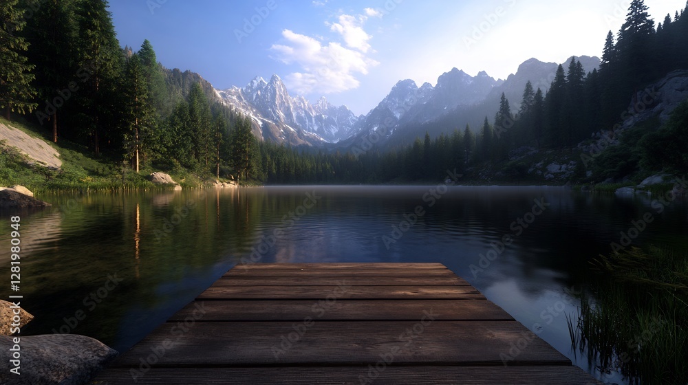 Serene Mountain Lake at Dawn: A Wooden Dock Beckons Serene Mountain Lake at Dawn: A Wooden Dock Beckons