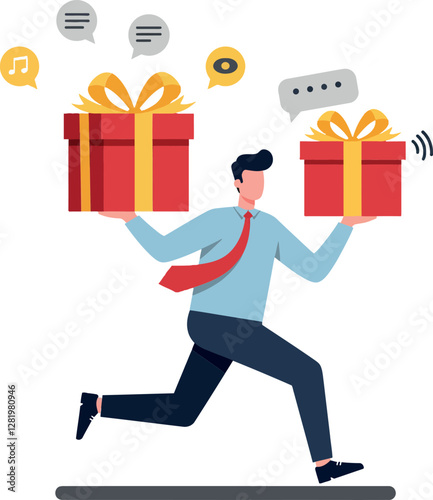 A man running joyfully while carrying two large gift boxes, illustrated in a flat design style, conveying excitement and celebration in vector art
