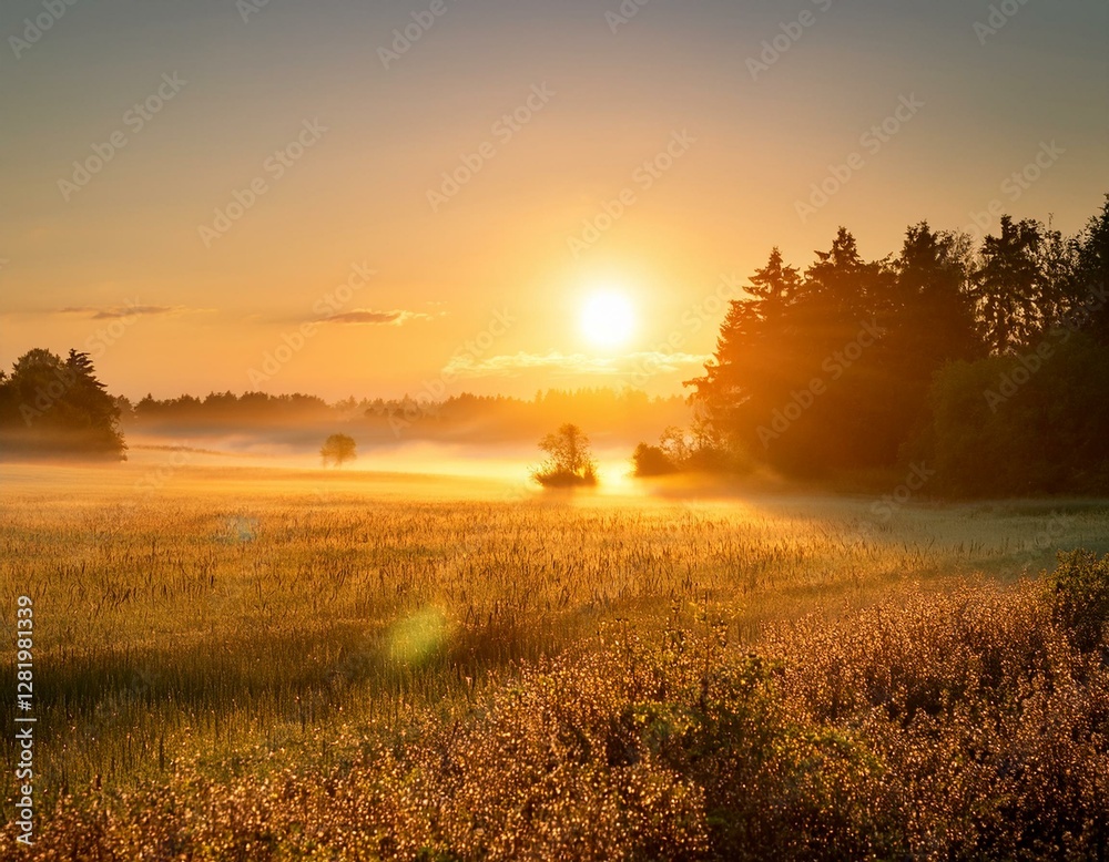 Obraz premium a peaceful landscape with the golden glow of the sun rising over a misty field