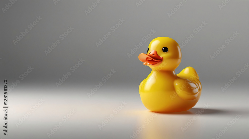 A bright yellow rubber duck with an orange beak stands on a light colored surface, against a gray background. A bright yellow rubber duck with an orange beak stands on a light colored surface, against a gray background.