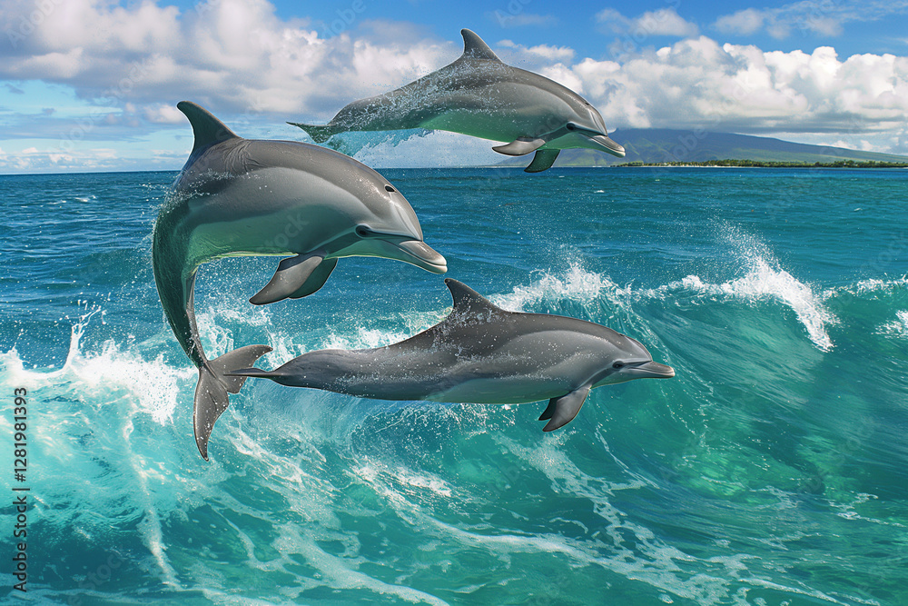 Obraz premium A vibrant scene of playful dolphins leaping gracefully over turquoise breaking waves in the crystal-clear waters of the Pacific Ocean,