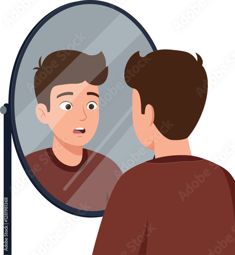 A young man with a surprised expression gazes into a round mirror in a minimal, flat design vector illustration