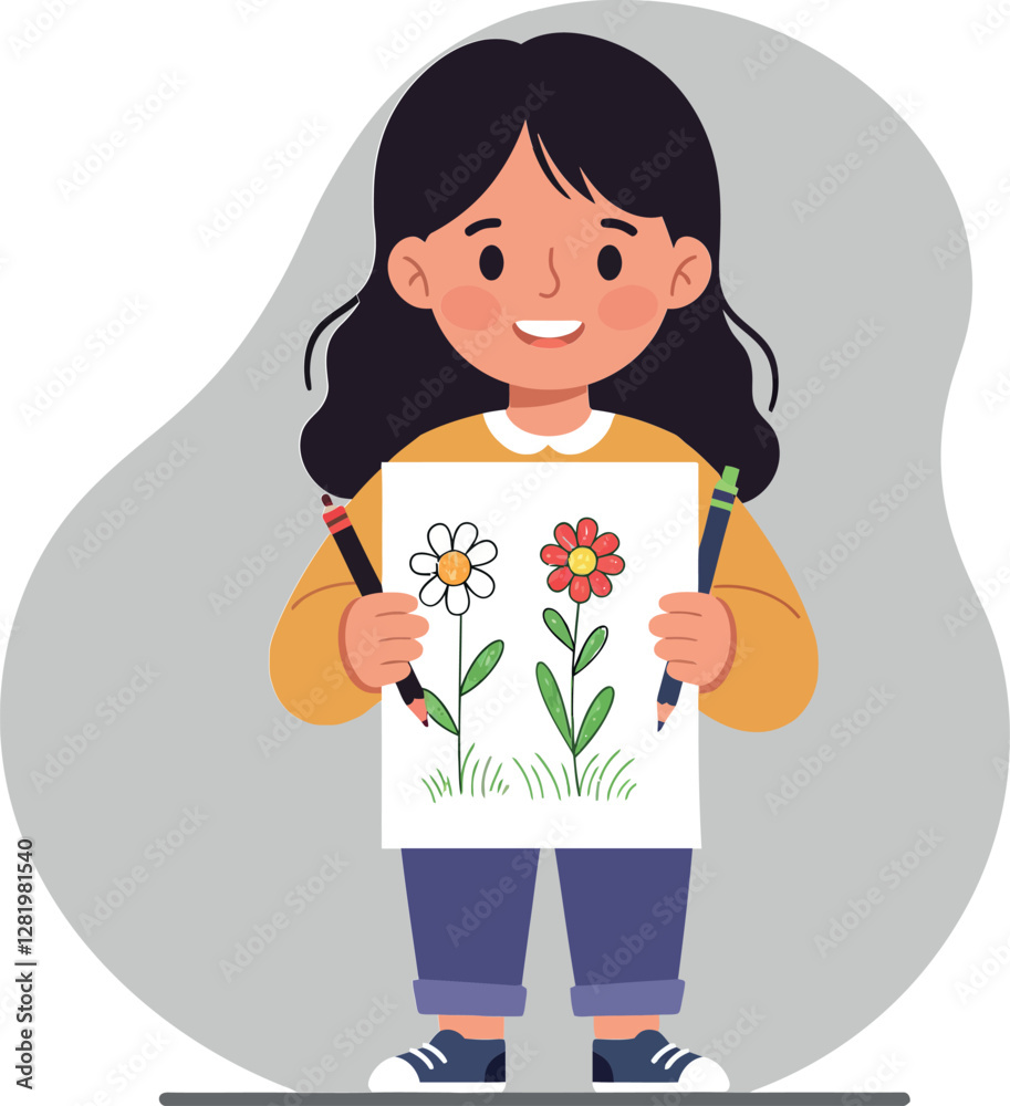 Cheerful girl in yellow sweater holding colorful flower drawings in a minimal style vector illustration Cheerful girl in yellow sweater holding colorful flower drawings in a minimal style vector illustration