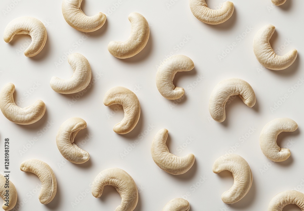 Cashew nuts arranged in a patterned design on a white background Cashew nuts arranged in a patterned design on a white background