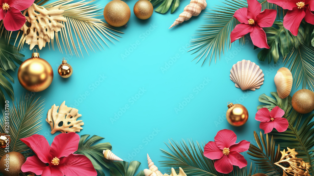 Banner with Tropical Christmas Vibes Featuring Palm Leaves, Hibiscus Flowers, Golden Ornaments, and Seashells on a Bright Turquoise Background copy space Banner with Tropical Christmas Vibes Featuring Palm Leaves, Hibiscus Flowers, Golden Ornaments, and Seashells on a Bright Turquoise Background copy space