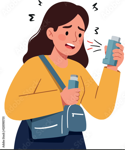 Wallpaper Mural Concerned woman holding inhalers in a yellow sweater and blue bag, expressing anxiety and urgency in a flat vector illustration Torontodigital.ca