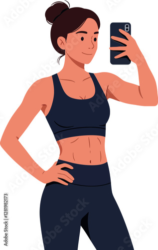 A confident woman taking a selfie in athletic wear with a flat design style showcasing fitness and self-expression in vector art