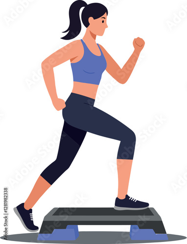 Woman energetically stepping on a fitness platform in a flat, minimal design style vector illustration