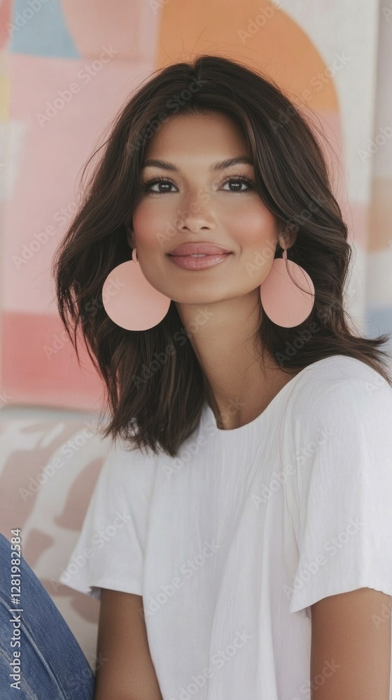 Woman smiling in stylish outfit with large pink earrings Woman smiling in stylish outfit with large pink earrings