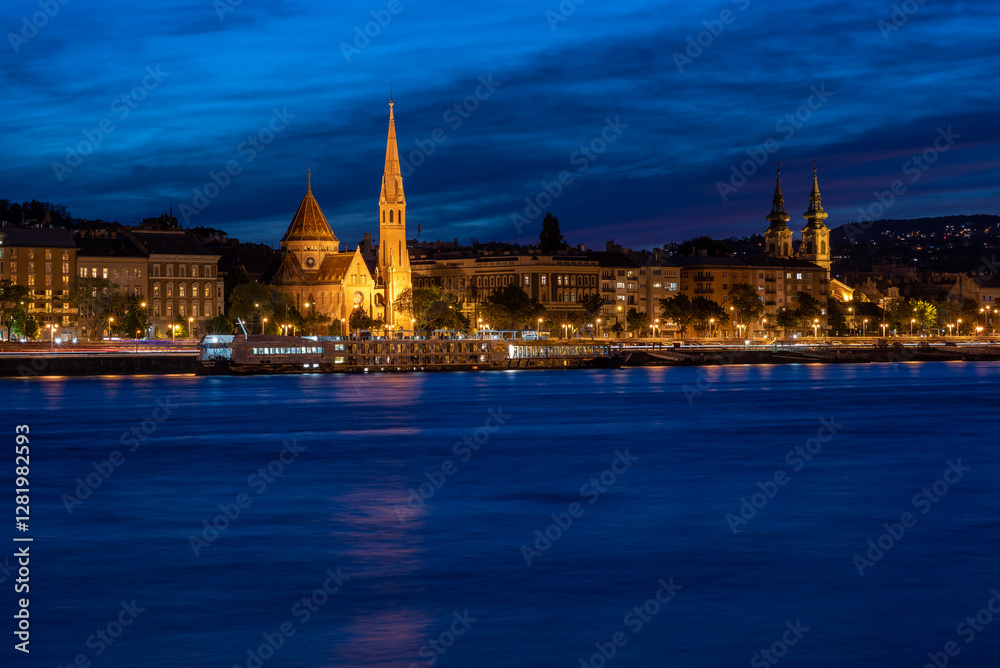 Night cityscape view of Danube river and Budapest capital of Hungary Night cityscape view of Danube river and Budapest capital of Hungary