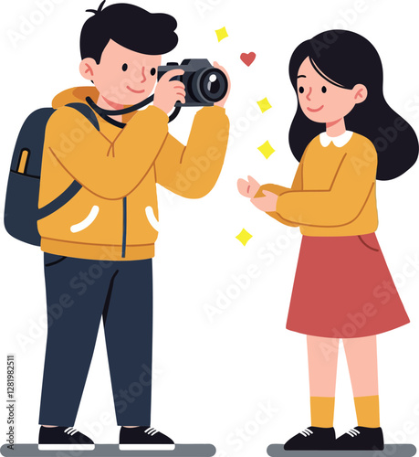 A young man capturing a moment with a camera while a woman smiles and holds her hand out, in a flat vector illustration style