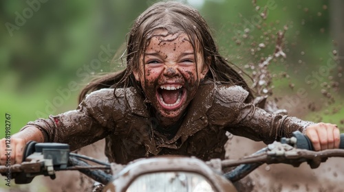 A girl rides an ATV through muddy terrain, her face covered in mud while laughing joyfully, embodying the essence of childhood adventure and freedom in nature. photo