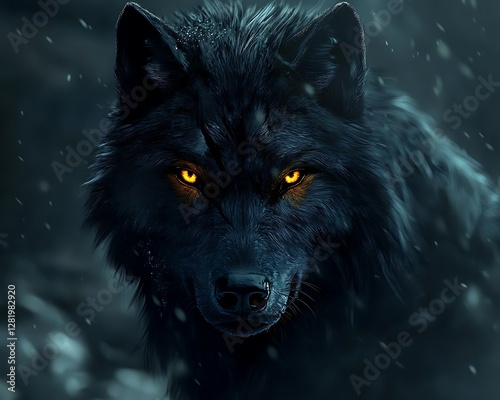 Black wolf snowy forest night