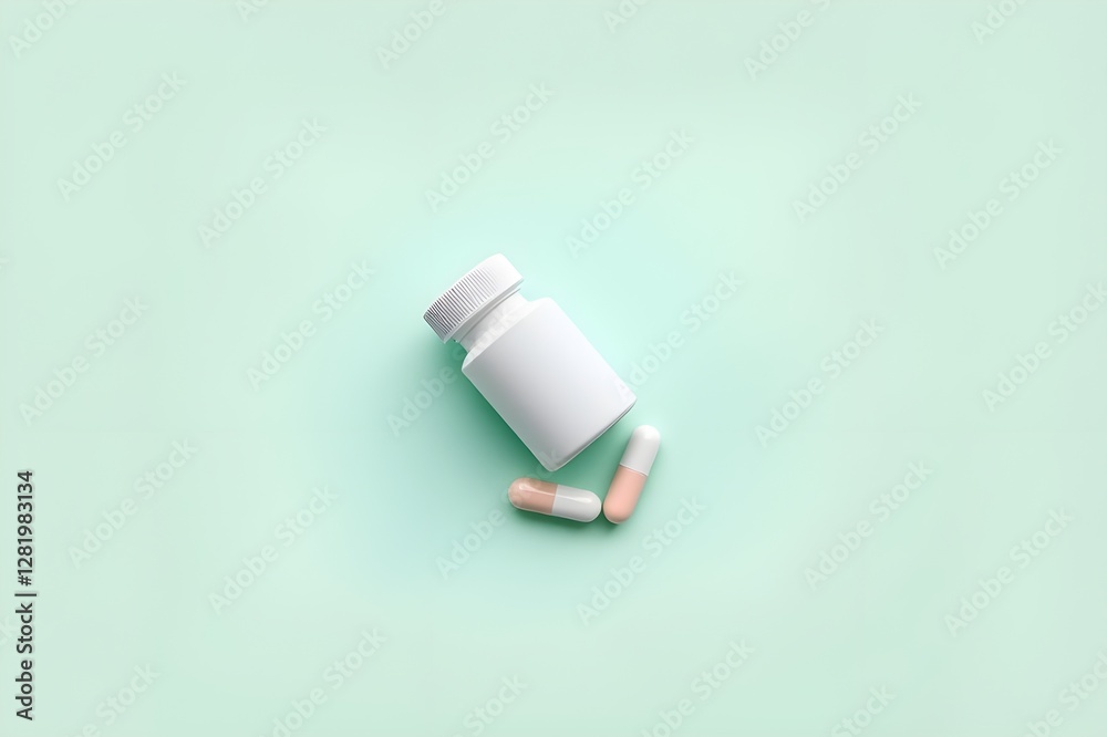 White supplement bottle, pills on green background. Top view flat lay trendy product presentation. Empty container ready for branding White supplement bottle, pills on green background. Top view flat lay trendy product presentation. Empty container ready for branding