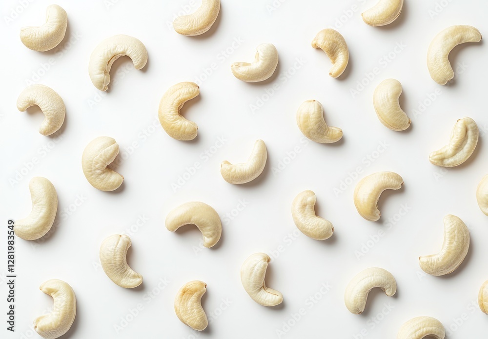 Numerous cashew nuts arranged on a white background Numerous cashew nuts arranged on a white background