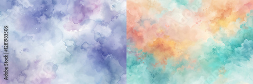 Two paintings of a colorful sky with a blue and purple background and a yellow and orange sky. The paintings are abstract and have a dreamy, whimsical feel to them