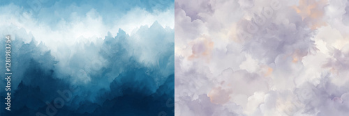 The two paintings are of the sky with clouds. One is blue and the other is white. The blue painting has a more intense and dramatic feel, while the white painting has a more serene and peaceful feel