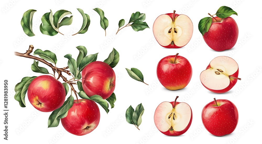 Fresh Red Apples on Branch and Halves—Transparent PNG Set Fresh Red Apples on Branch and Halves—Transparent PNG Set