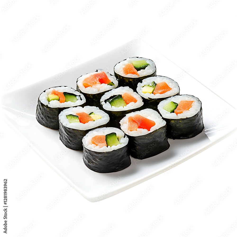 PNG Delicious Vegetable Sushi on White Plate Against Transparent Background for Japanese Cuisine Illustrations, Menu Designs, or Food Branding. PNG Delicious Vegetable Sushi on White Plate Against Transparent Background for Japanese Cuisine Illustrations, Menu Designs, or Food Branding.