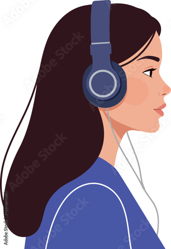 Young woman with long hair wearing headphones in a side profile view, designed in a minimal flat style, showcasing a relaxed and focused mood, vector illustration
