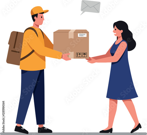 Delivery person handing a package to a smiling woman in a flat and minimal vector illustration showcasing a friendly interaction in an urban setting