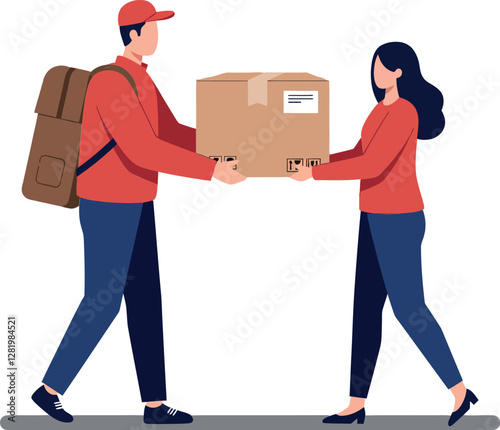Delivery person in red uniform handing a package to a smiling woman in casual attire, illustrated in a flat vector art style