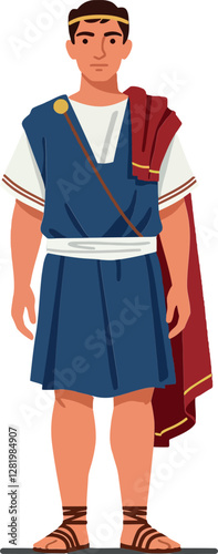 A young man dressed in traditional Roman attire stands confidently, showcasing a detailed flat design style in vector art
