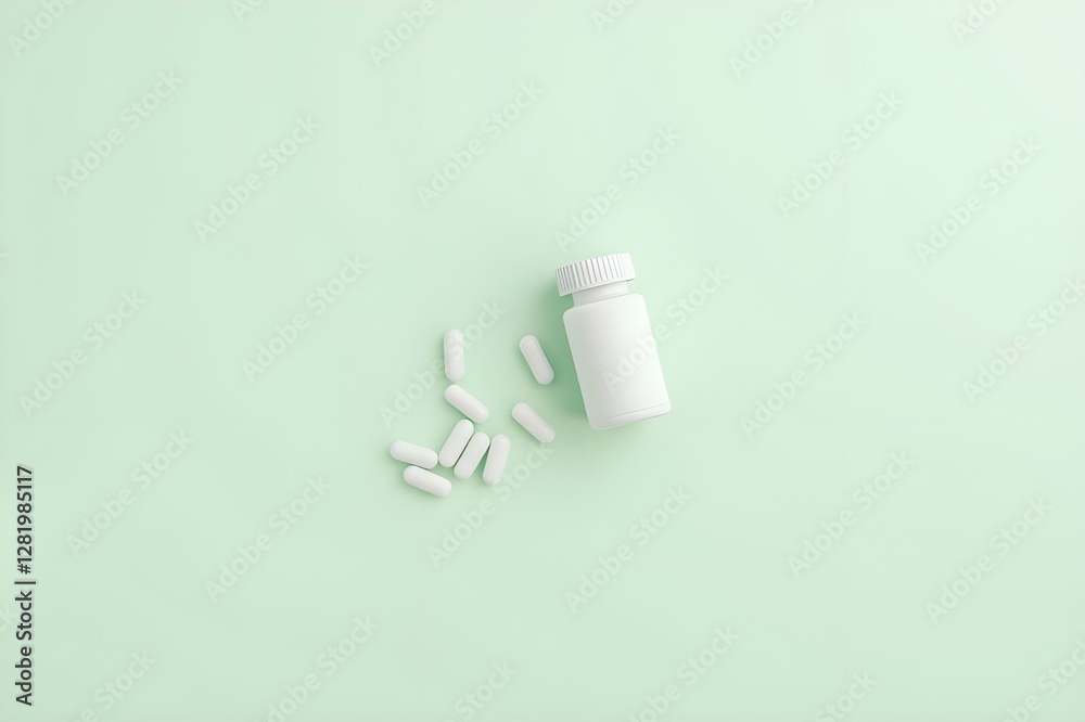 Fototapeta premium White supplement bottle, pills on green background. Top view flat lay trendy product presentation. Empty container ready for branding
