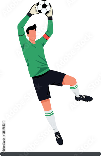 Goalkeeper in green uniform making a dynamic save in a flat vector illustration depicting athleticism and focus during a soccer match vector art
