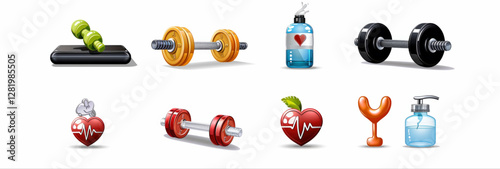 A set of icons and gym equipment like dumbbells and barbells in 3D design for fitness and weightlifting