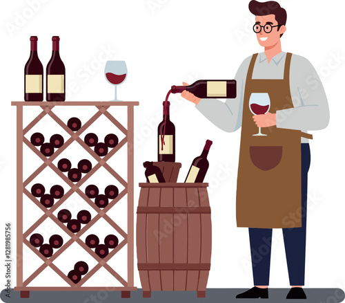 A man in an apron pouring wine from a bottle into a glass beside a wooden wine rack in flat vector art