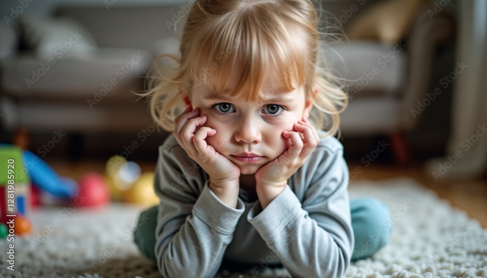 Pouting child focus of a young child sitting on the floor with a sulky expression and head resting on hands in a blurred indoor background Pouting child focus of a young child sitting on the floor with a sulky expression and head resting on hands in a blurred indoor background
