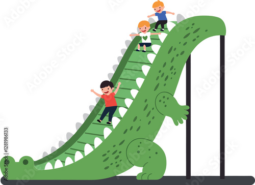 Colorful crocodile slide with three children joyfully playing, minimal design style, cheerful atmosphere, vector illustration