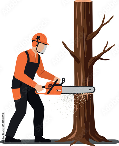 A worker in safety gear using a chainsaw to cut down a tree in a flat vector illustration showcasing forestry activity and environmental awareness in a minimal design style vector art