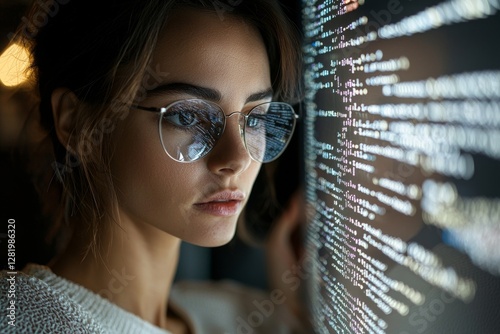 The image shows a close-up of a young programmer scrutinizing data while making headway on her coding project
