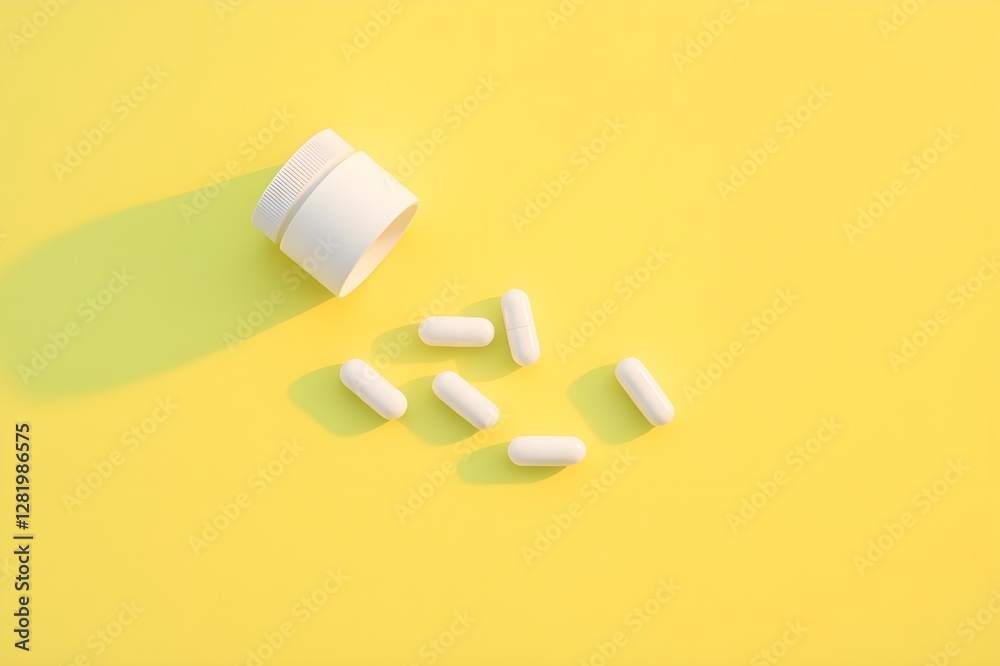 White supplement bottle, pills on green background. Top view flat lay trendy product presentation. Empty container ready for branding White supplement bottle, pills on green background. Top view flat lay trendy product presentation. Empty container ready for branding