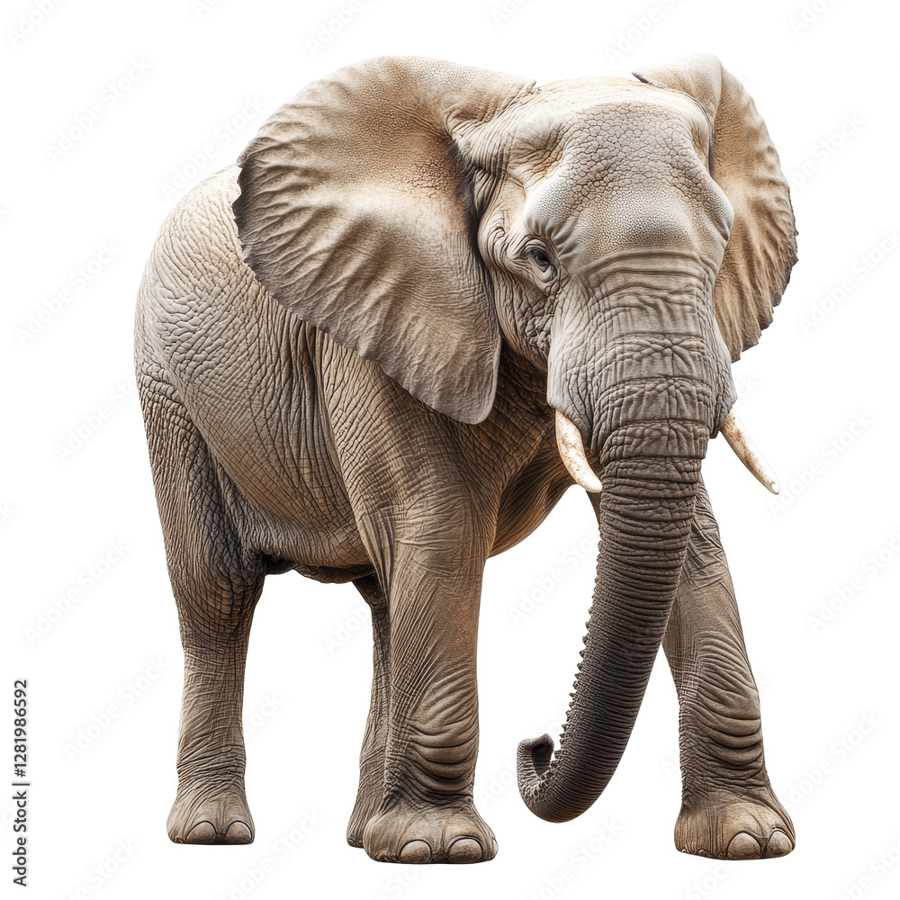 Fototapeta premium A majestic elephant stands tall against a bright transparent background showcasing its unique features and powerful presence, Elephant isolated transparent background
