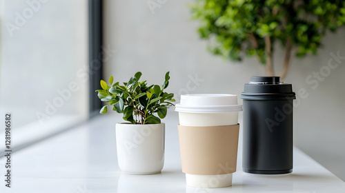 Coffee cups, plant, cafe window; relaxing background