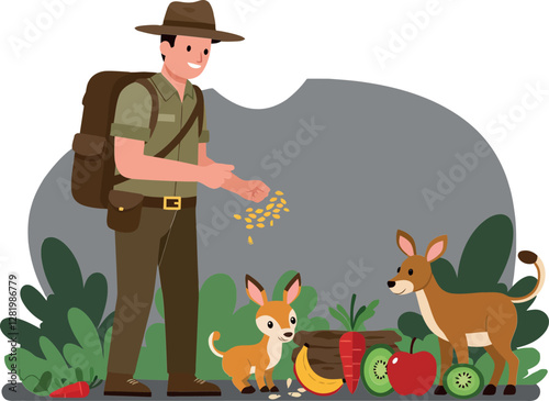 A man in a hat feeding two playful dogs with fruits and vegetables in a lush green setting, showcasing a cheerful and nurturing atmosphere in flat vector art