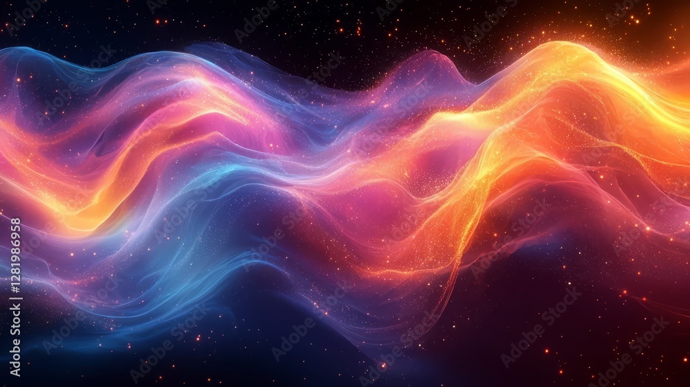 Obraz premium Vibrant abstract waves of blue, pink, and orange light flowing through a cosmic backdrop, perfect for technology, creativity, or digital design themes.