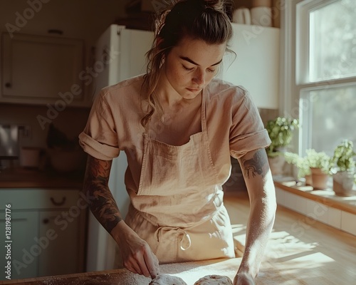 Young girl in her home kitchen cooking pastries.