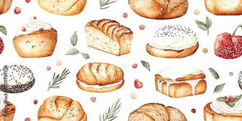 Seamless vector Pattern of Featuring Breads, Pastries, and Bakery Products, doodle illustration isolated on white background repeat print illustration